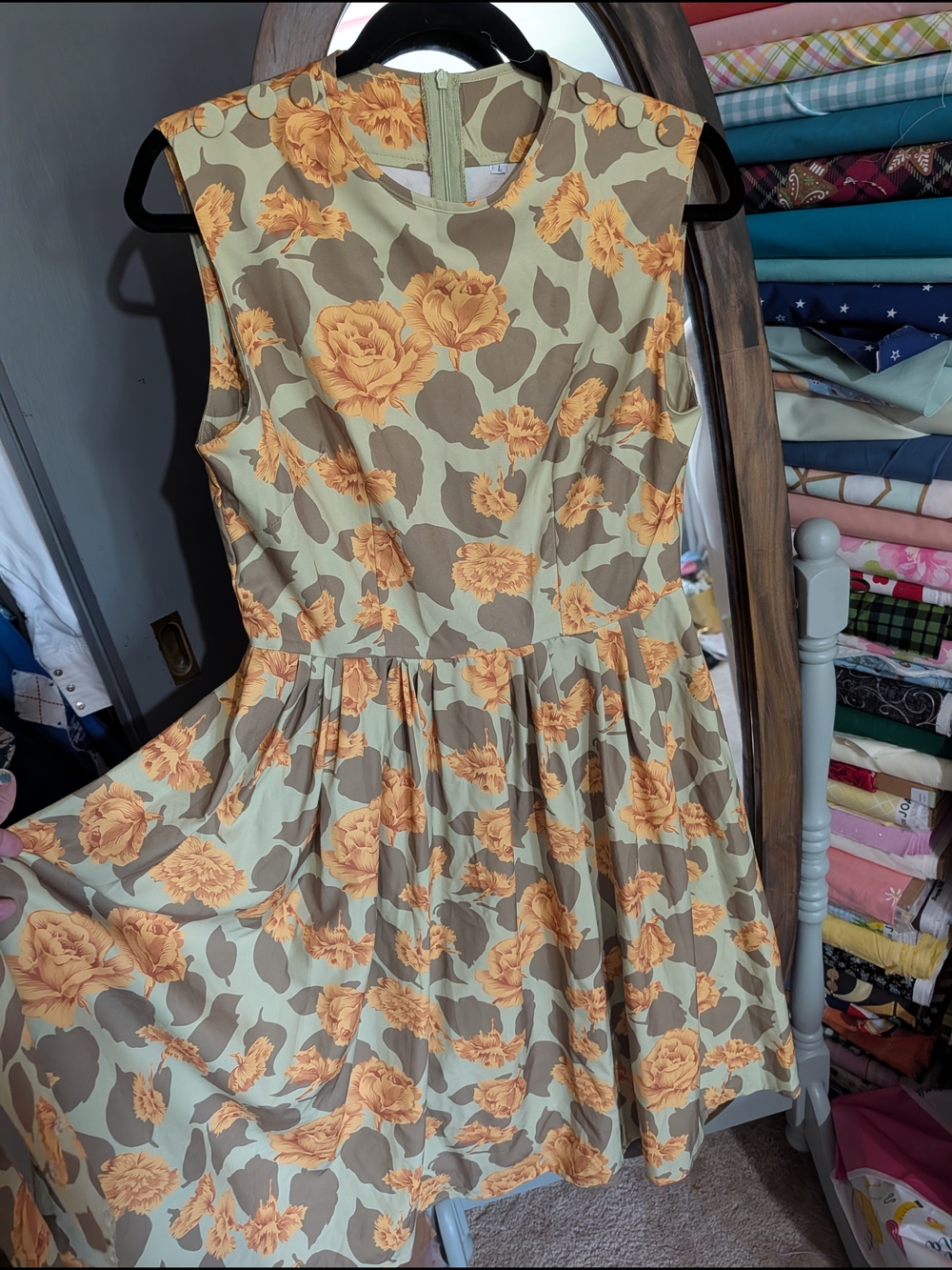 Floral Fit-and-Flare Dress in Sage and Mustard